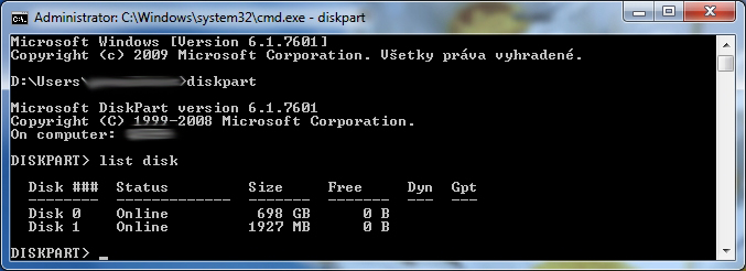 Spustenie nástroja Diskpart a zadanie príkazu list disk